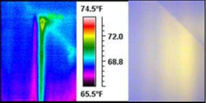 Infared Scan shows evidence of moisture intrusion in hallway.