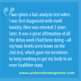 I was given a hair analysis test when I was first diagnosed with mold toxicity, then was retested 2 years later. It was a great affirmation of all the detox work I had been doing –all my toxic levels were lower on the 2nd test, which gave me incentives to keep working to get my body to an even healthier state.